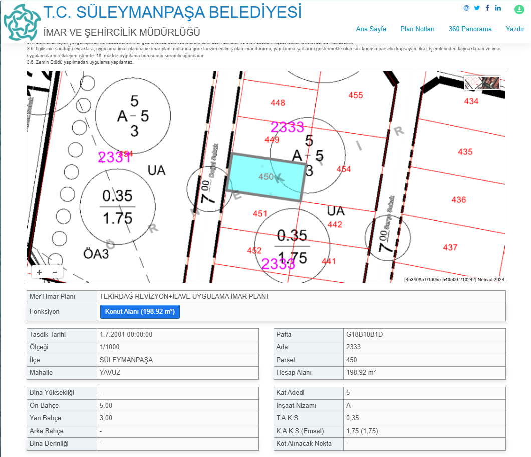 TEKİRDAĞ SÜLEYMANPAŞA YAVUZ 199,00 M² SATILIK 5 KATLI KONUT ARSASI 